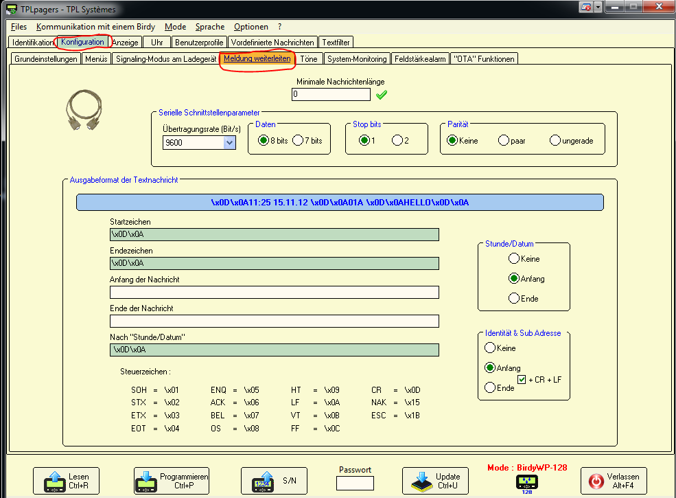 Einstellung des seriellen Ports im Melder Birdy TPL